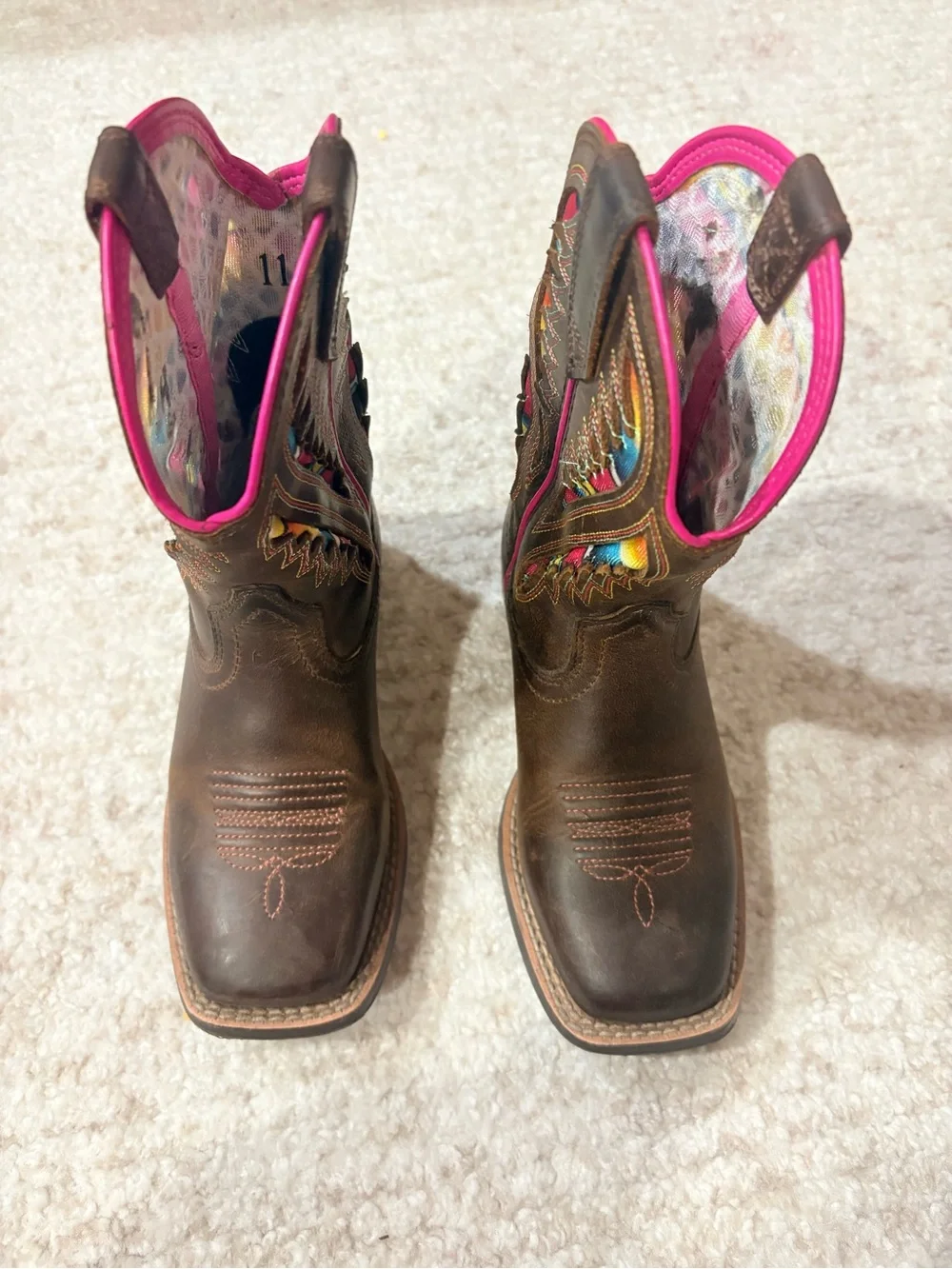 Ariat Girls Brown Leather Cowboy Boots with Pink & Multi-Color Inset Size 11